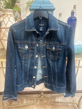 True Religion Indigo Blue Denim Cropped Trucker Jean Jacket Sz XS/TP